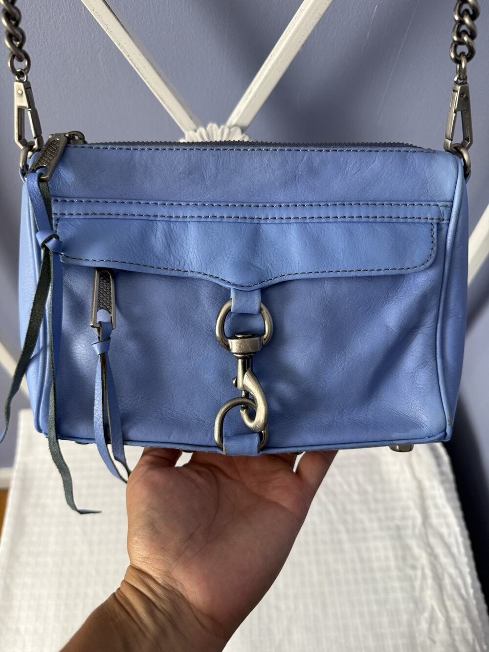 Rebecca Minkoff Mini Mac Blue PebbleLeather Stud Chain Links Strap Crossbody Bag